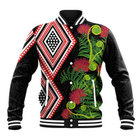 Aotearoa Tukutuku Motif Baseball Jacket Pohutukawa and Fern Leaves LT03 Unisex Black - Polynesian Pride