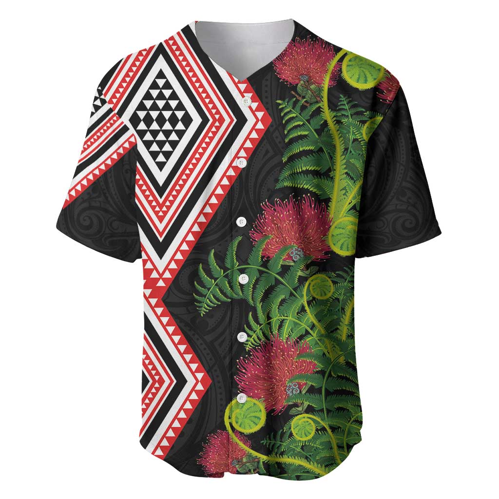 Aotearoa Tukutuku Motif Baseball Jersey Pohutukawa and Fern Leaves