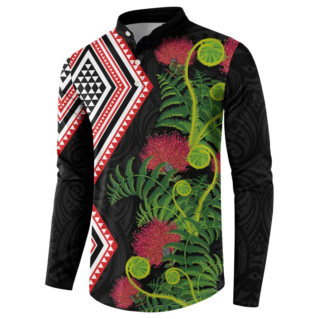 Aotearoa Tukutuku Motif Button Sweatshirt Pohutukawa and Fern Leaves