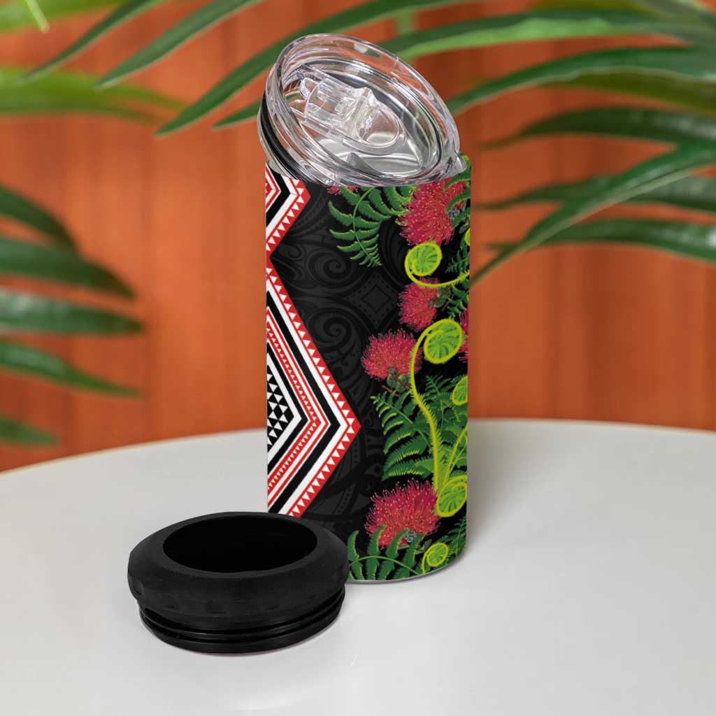 Aotearoa Tukutuku Motif 4 in 1 Can Cooler Tumbler Pohutukawa and Fern Leaves