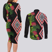 Aotearoa Tukutuku Motif Couples Matching Long Sleeve Bodycon Dress and Long Sleeve Button Shirt Pohutukawa and Fern Leaves LT03 - Polynesian Pride