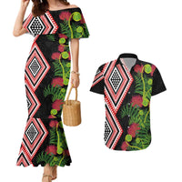 Aotearoa Tukutuku Motif Couples Matching Mermaid Dress and Hawaiian Shirt Pohutukawa and Fern Leaves