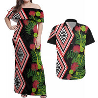 Aotearoa Tukutuku Motif Couples Matching Off Shoulder Maxi Dress and Hawaiian Shirt Pohutukawa and Fern Leaves