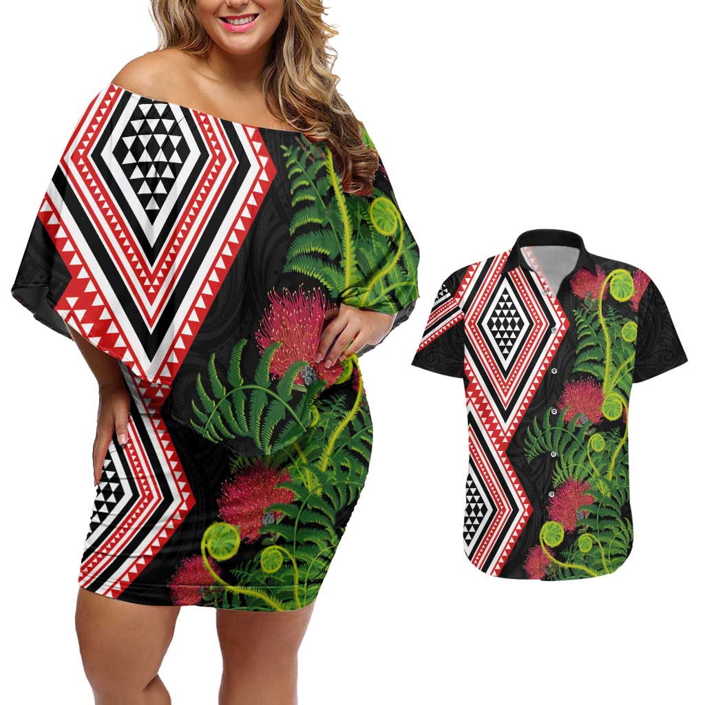 Aotearoa Tukutuku Motif Couples Matching Off Shoulder Short Dress and Hawaiian Shirt Pohutukawa and Fern Leaves