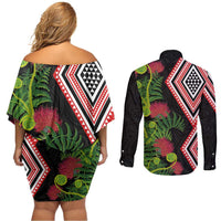 Aotearoa Tukutuku Motif Couples Matching Off Shoulder Short Dress and Long Sleeve Button Shirt Pohutukawa and Fern Leaves LT03 - Polynesian Pride