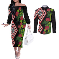 Aotearoa Tukutuku Motif Couples Matching Off The Shoulder Long Sleeve Dress and Long Sleeve Button Shirt Pohutukawa and Fern Leaves LT03 Black - Polynesian Pride