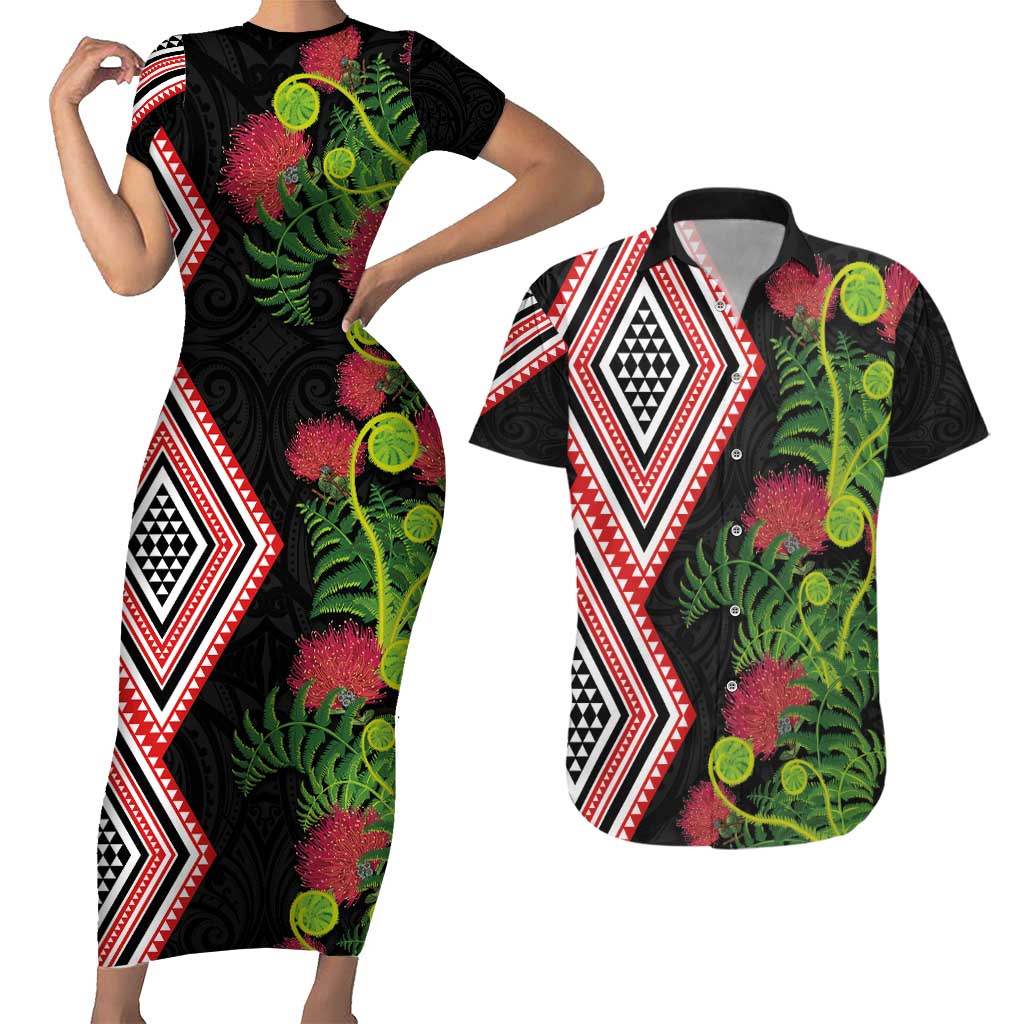 Aotearoa Tukutuku Motif Couples Matching Short Sleeve Bodycon Dress and Hawaiian Shirt Pohutukawa and Fern Leaves
