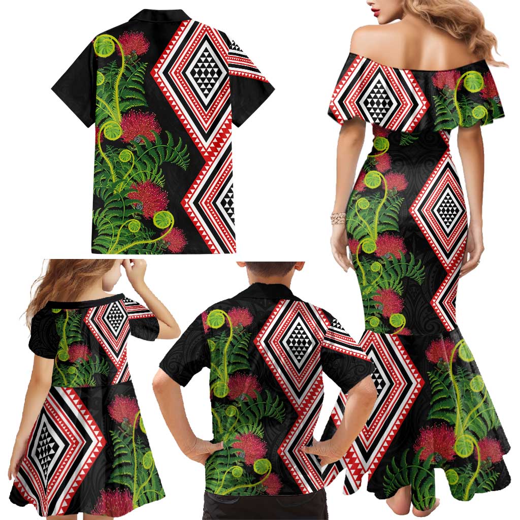 Aotearoa Tukutuku Motif Family Matching Mermaid Dress and Hawaiian Shirt Pohutukawa and Fern Leaves