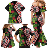 Aotearoa Tukutuku Motif Family Matching Mermaid Dress and Hawaiian Shirt Pohutukawa and Fern Leaves