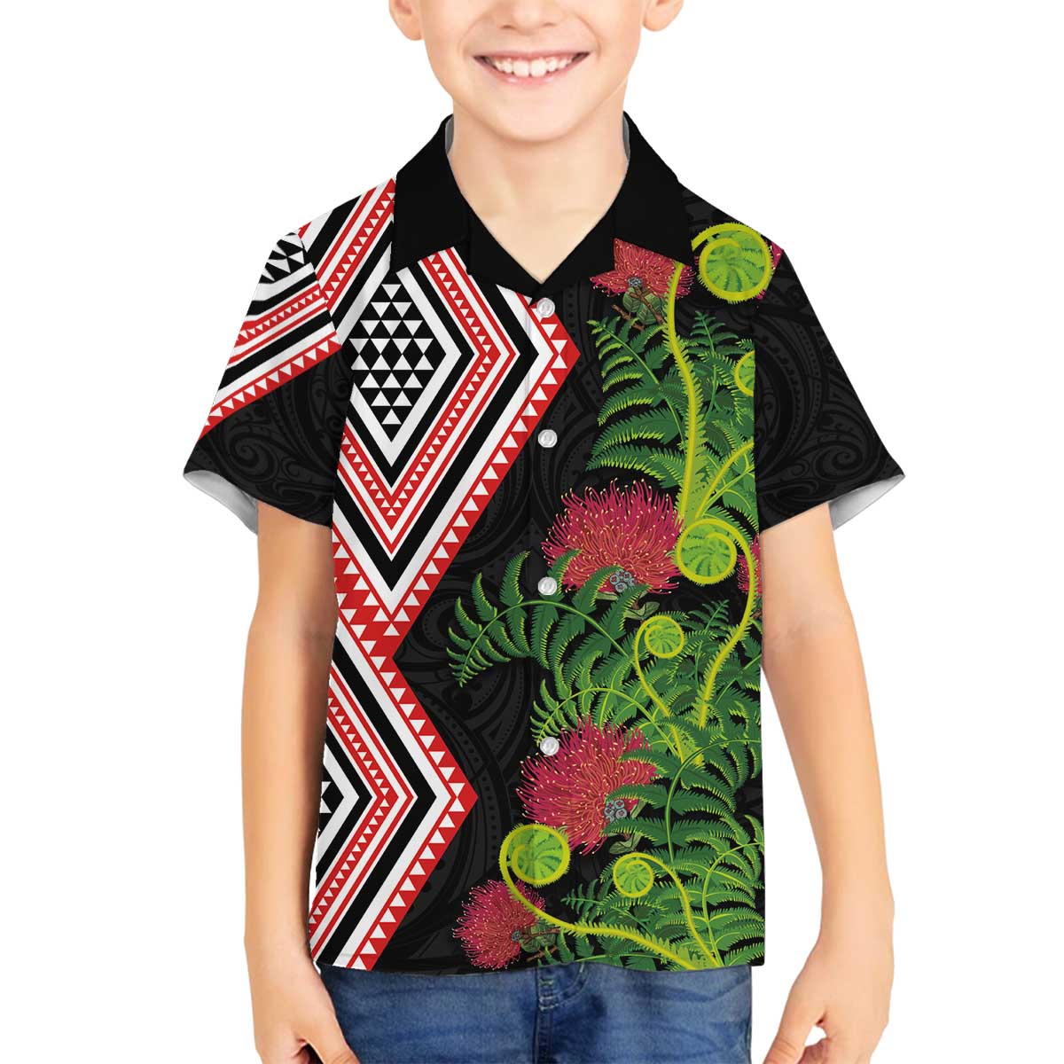 Aotearoa Tukutuku Motif Family Matching Off The Shoulder Long Sleeve Dress and Hawaiian Shirt Pohutukawa and Fern Leaves