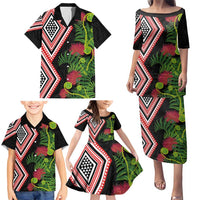 Aotearoa Tukutuku Motif Family Matching Puletasi and Hawaiian Shirt Pohutukawa and Fern Leaves
