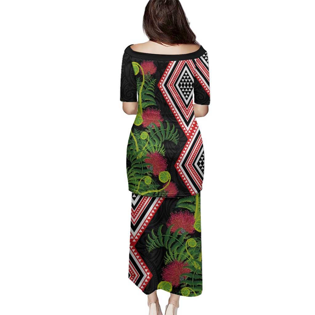 Aotearoa Tukutuku Motif Family Matching Puletasi and Hawaiian Shirt Pohutukawa and Fern Leaves