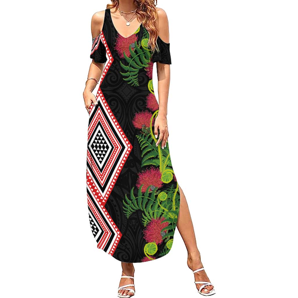 Aotearoa Tukutuku Motif Family Matching Summer Maxi Dress and Hawaiian Shirt Pohutukawa and Fern Leaves