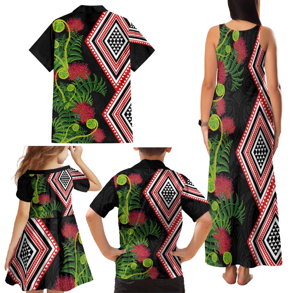 Aotearoa Tukutuku Motif Family Matching Tank Maxi Dress and Hawaiian Shirt Pohutukawa and Fern Leaves