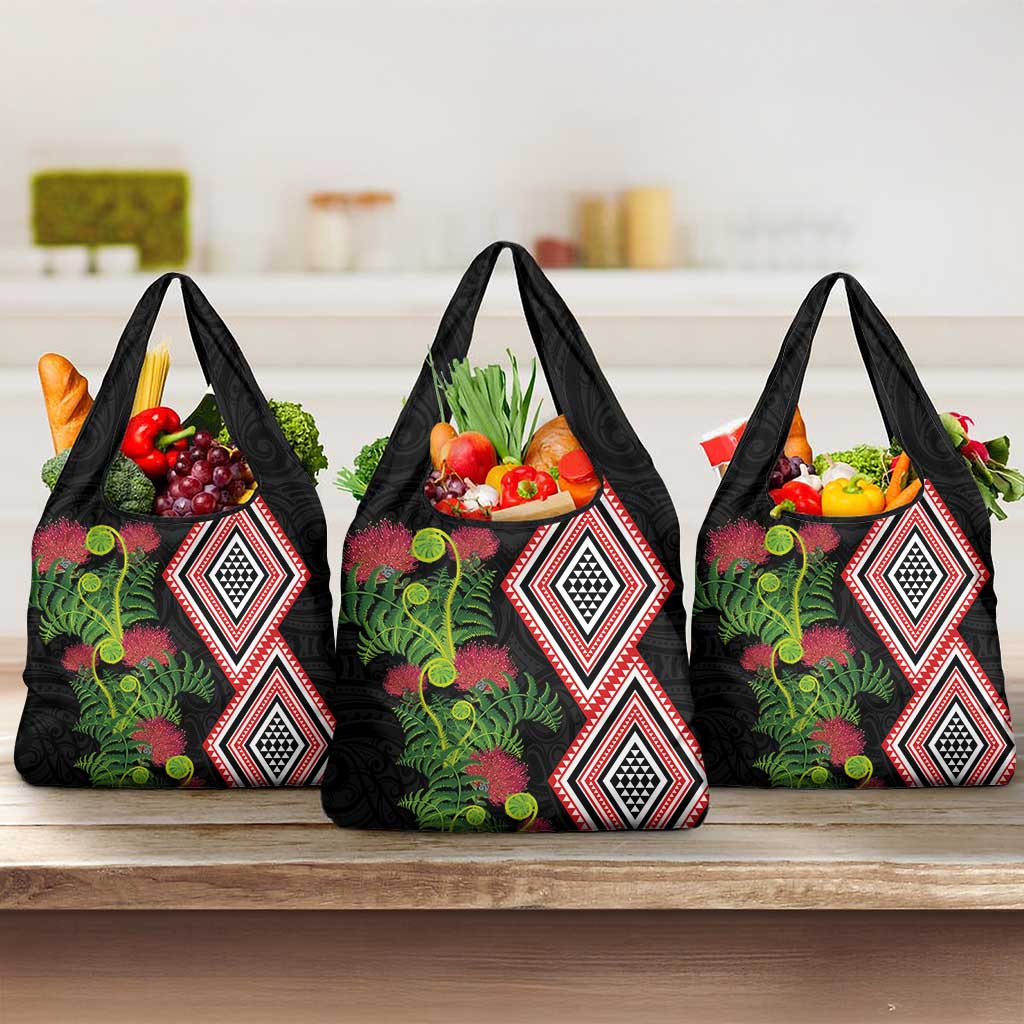 Aotearoa Tukutuku Motif Grocery Bag Pohutukawa and Fern Leaves