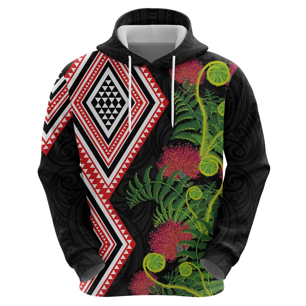 Aotearoa Tukutuku Motif Hoodie Pohutukawa and Fern Leaves
