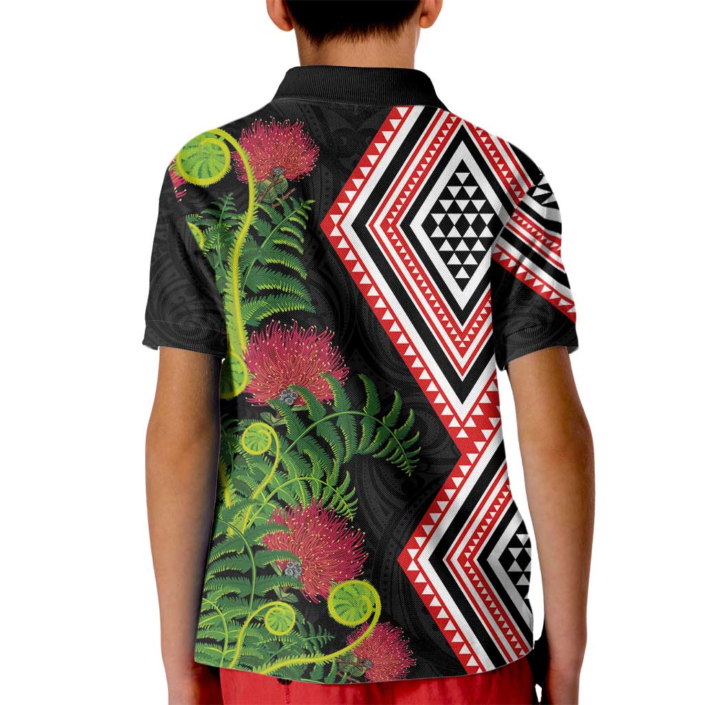 Aotearoa Tukutuku Motif Kid Polo Shirt Pohutukawa and Fern Leaves