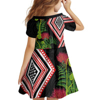 Aotearoa Tukutuku Motif Kid Short Sleeve Dress Pohutukawa and Fern Leaves LT03 - Polynesian Pride