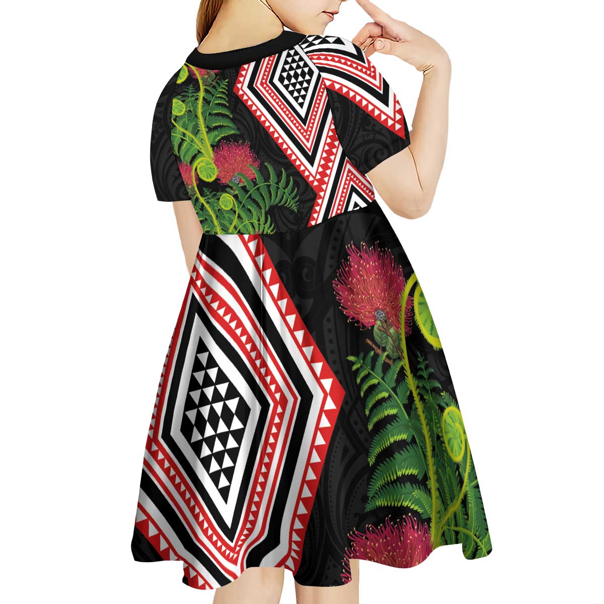 Aotearoa Tukutuku Motif Kid Short Sleeve Dress Pohutukawa and Fern Leaves LT03 - Polynesian Pride