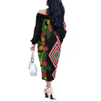 Aotearoa Tukutuku Motif Off The Shoulder Long Sleeve Dress Pohutukawa and Fern Leaves LT03 - Polynesian Pride
