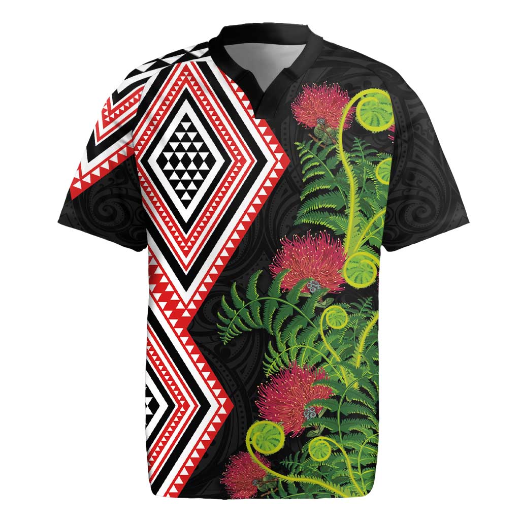Aotearoa Tukutuku Motif Rugby Jersey Pohutukawa and Fern Leaves