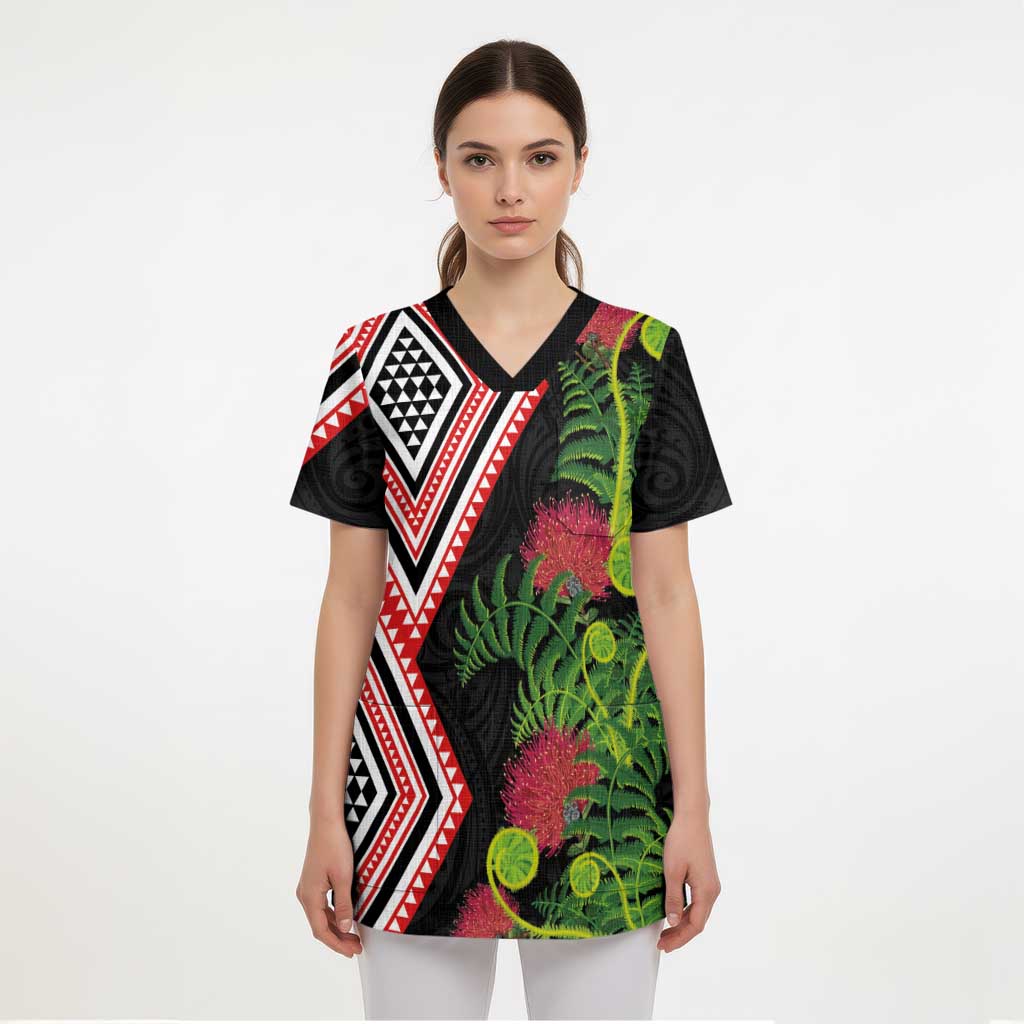 Aotearoa Tukutuku Motif Scrub Top Pohutukawa and Fern Leaves - Polynesian Pride