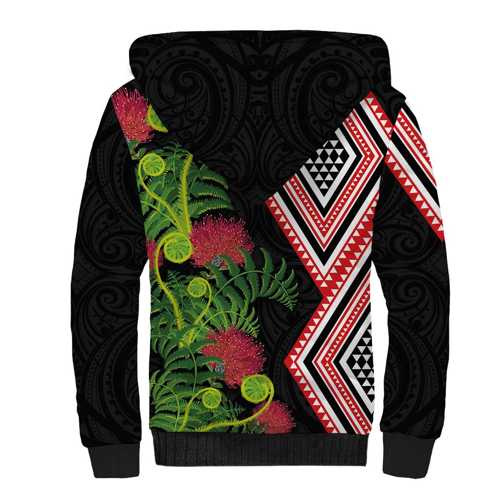 Aotearoa Tukutuku Motif Sherpa Hoodie Pohutukawa and Fern Leaves