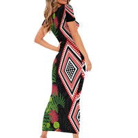 Aotearoa Tukutuku Motif Short Sleeve Bodycon Dress Pohutukawa and Fern Leaves