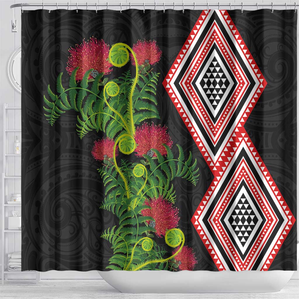 Aotearoa Tukutuku Motif Shower Curtain Pohutukawa and Fern Leaves