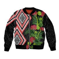 Aotearoa Tukutuku Motif Sleeve Zip Bomber Jacket Pohutukawa and Fern Leaves LT03 Unisex Black - Polynesian Pride