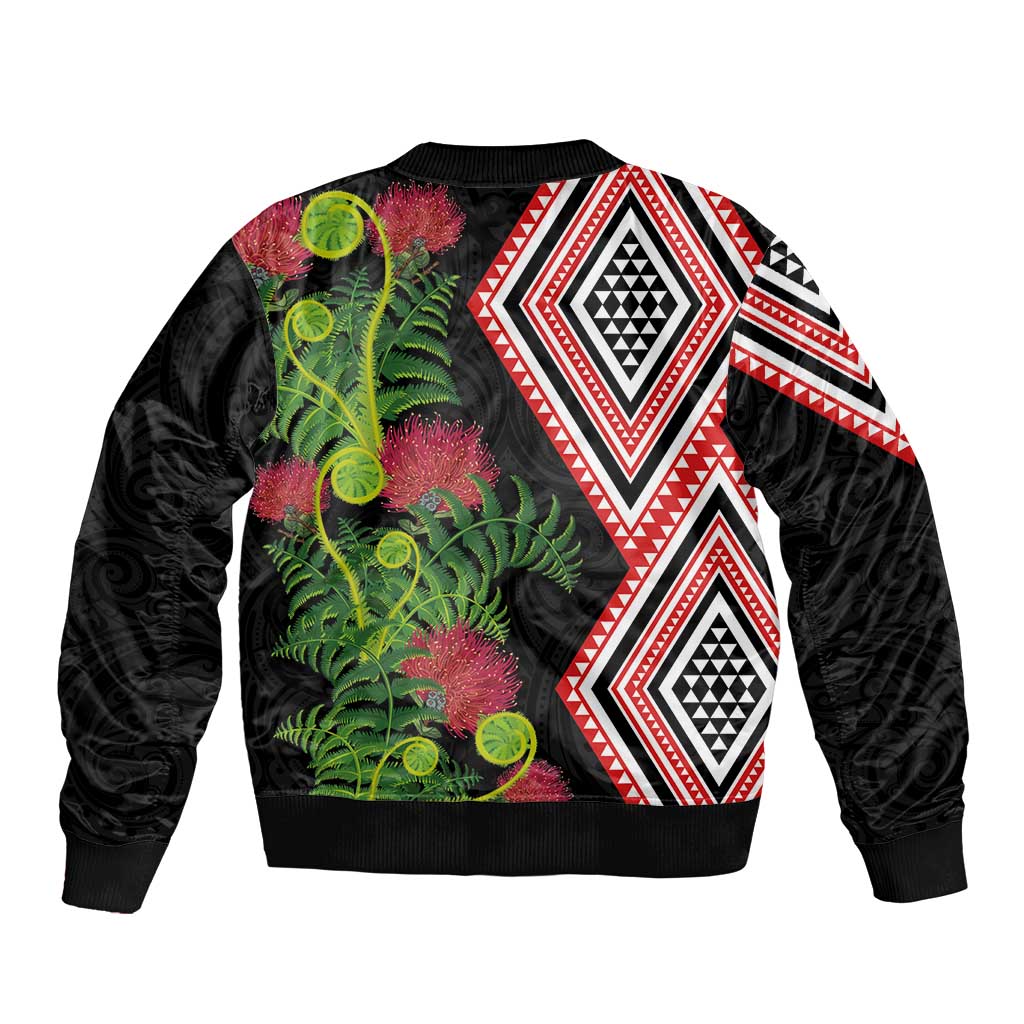 Aotearoa Tukutuku Motif Sleeve Zip Bomber Jacket Pohutukawa and Fern Leaves LT03 - Polynesian Pride