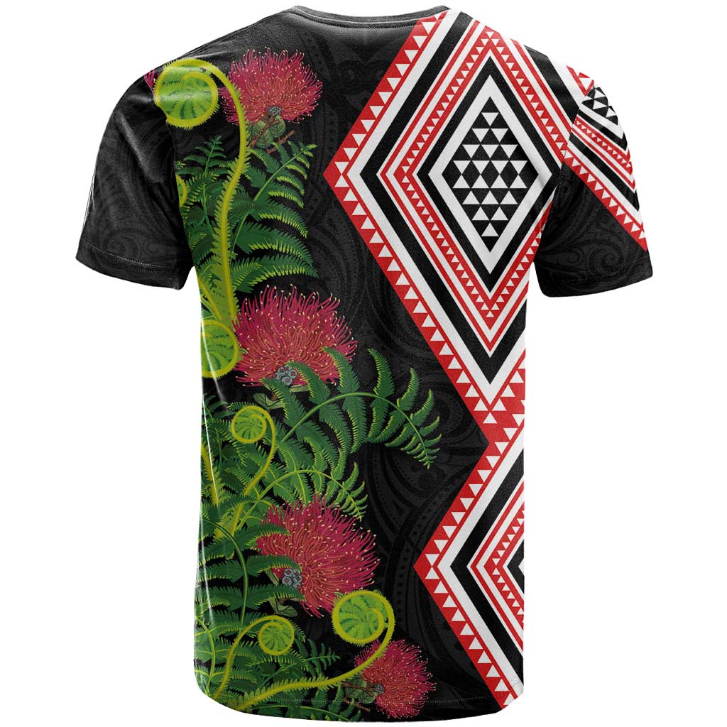 Aotearoa Tukutuku Motif T Shirt Pohutukawa and Fern Leaves