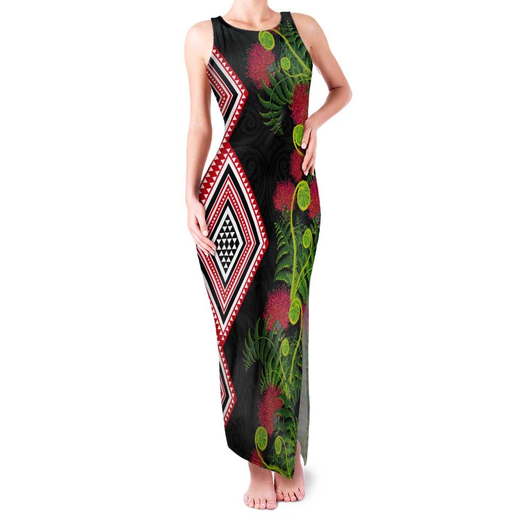 Aotearoa Tukutuku Motif Tank Maxi Dress Pohutukawa and Fern Leaves LT03 Women Black - Polynesian Pride