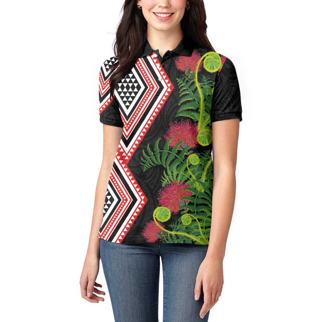 Aotearoa Tukutuku Motif Women Polo Shirt Pohutukawa and Fern Leaves
