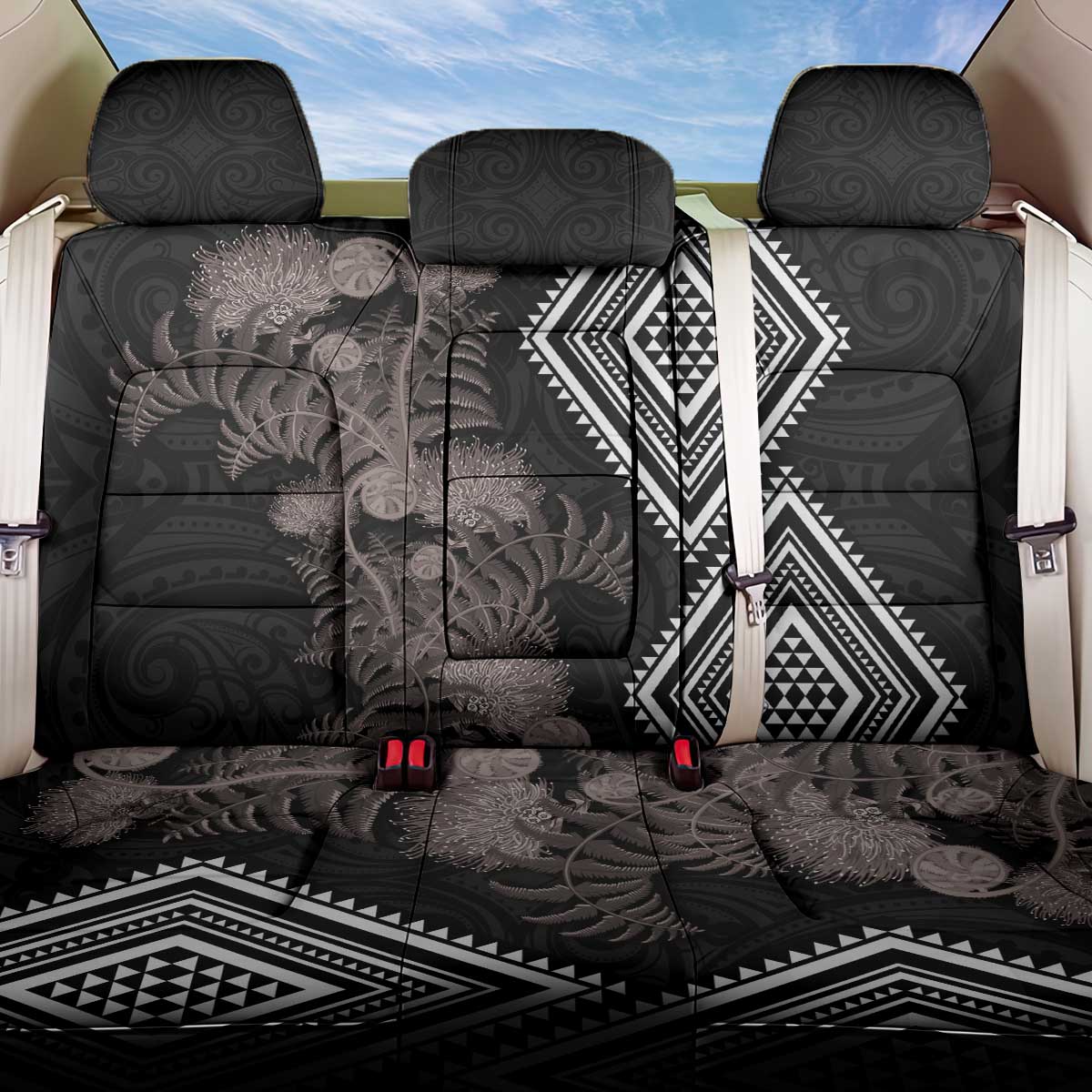 Aotearoa Tukutuku Motif Back Car Seat Cover Pohutukawa and Fern Leaves Grayscale Color