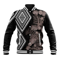 Aotearoa Tukutuku Motif Baseball Jacket Pohutukawa and Fern Leaves Grayscale Color