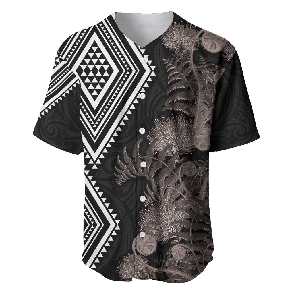 Aotearoa Tukutuku Motif Baseball Jersey Pohutukawa and Fern Leaves Grayscale Color
