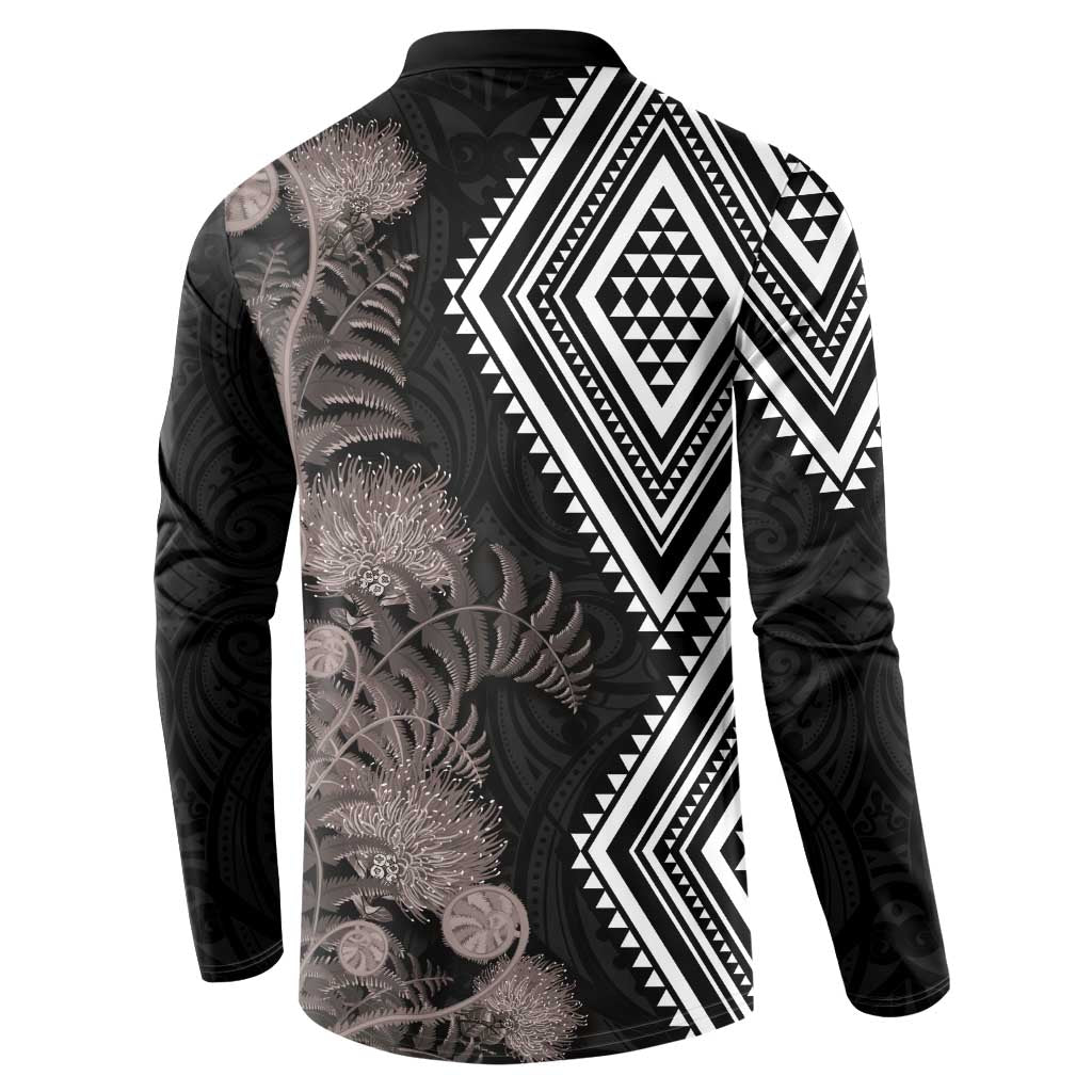 Aotearoa Tukutuku Motif Button Sweatshirt Pohutukawa and Fern Leaves Grayscale Color LT03 - Polynesian Pride