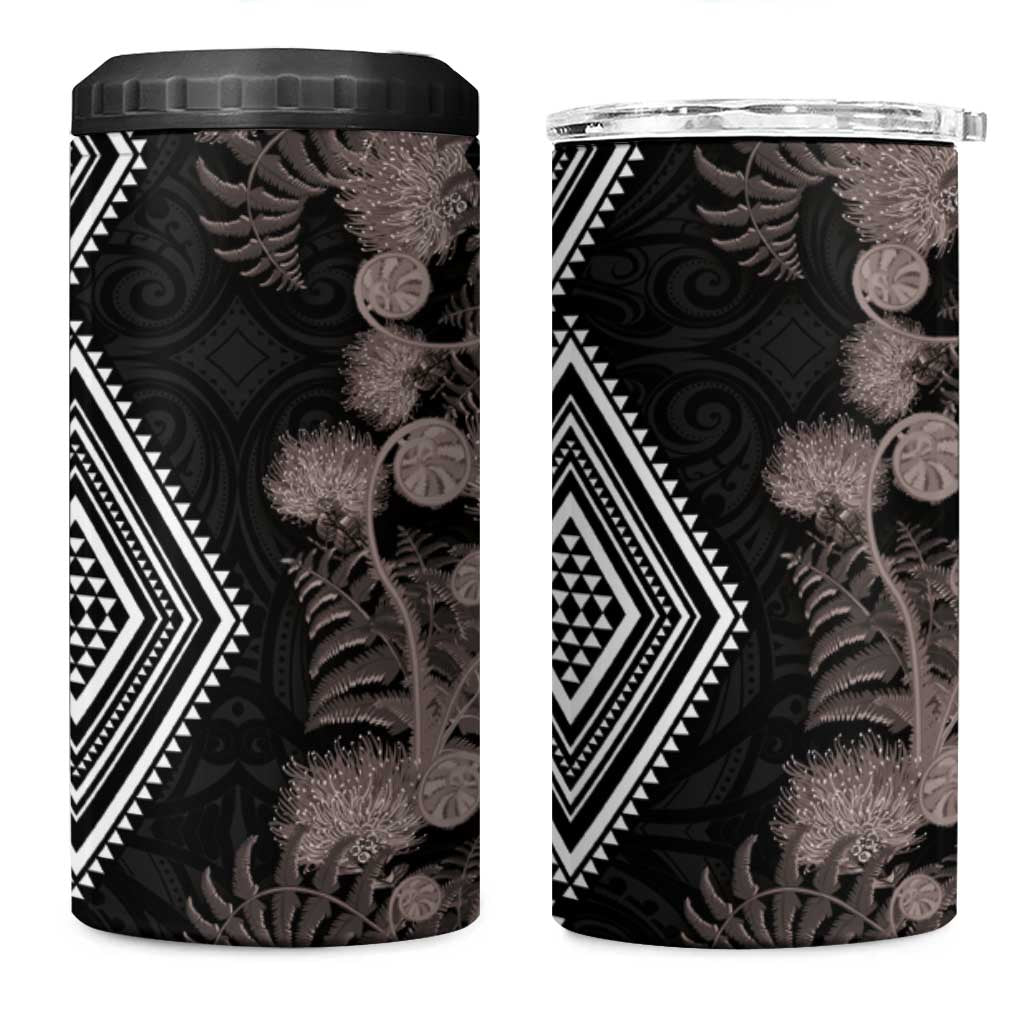 Aotearoa Tukutuku Motif 4 in 1 Can Cooler Tumbler Pohutukawa and Fern Leaves Grayscale Color