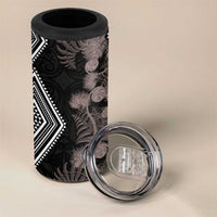 Aotearoa Tukutuku Motif 4 in 1 Can Cooler Tumbler Pohutukawa and Fern Leaves Grayscale Color