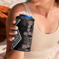 Aotearoa Tukutuku Motif 4 in 1 Can Cooler Tumbler Pohutukawa and Fern Leaves Grayscale Color