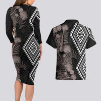 Aotearoa Tukutuku Motif Couples Matching Long Sleeve Bodycon Dress and Hawaiian Shirt Pohutukawa and Fern Leaves Grayscale Color