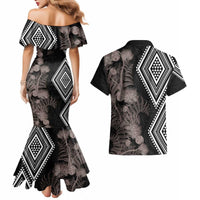 Aotearoa Tukutuku Motif Couples Matching Mermaid Dress and Hawaiian Shirt Pohutukawa and Fern Leaves Grayscale Color