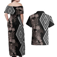 Aotearoa Tukutuku Motif Couples Matching Off Shoulder Maxi Dress and Hawaiian Shirt Pohutukawa and Fern Leaves Grayscale Color