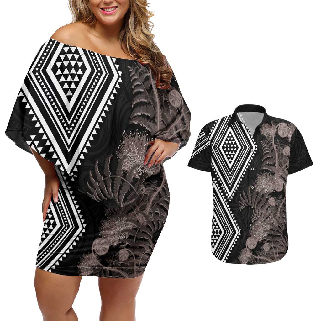Aotearoa Tukutuku Motif Couples Matching Off Shoulder Short Dress and Hawaiian Shirt Pohutukawa and Fern Leaves Grayscale Color
