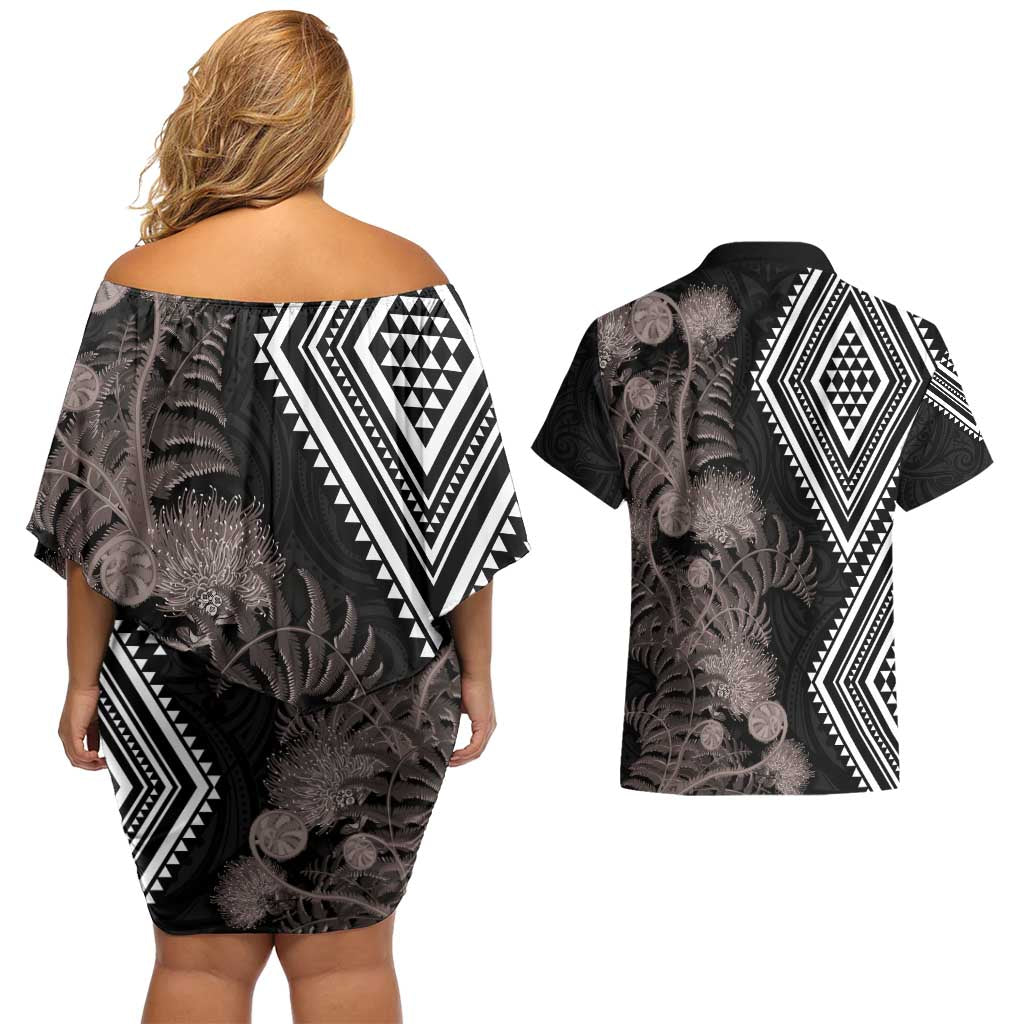 Aotearoa Tukutuku Motif Couples Matching Off Shoulder Short Dress and Hawaiian Shirt Pohutukawa and Fern Leaves Grayscale Color