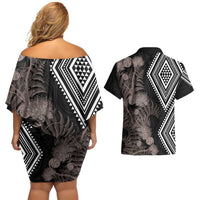Aotearoa Tukutuku Motif Couples Matching Off Shoulder Short Dress and Hawaiian Shirt Pohutukawa and Fern Leaves Grayscale Color