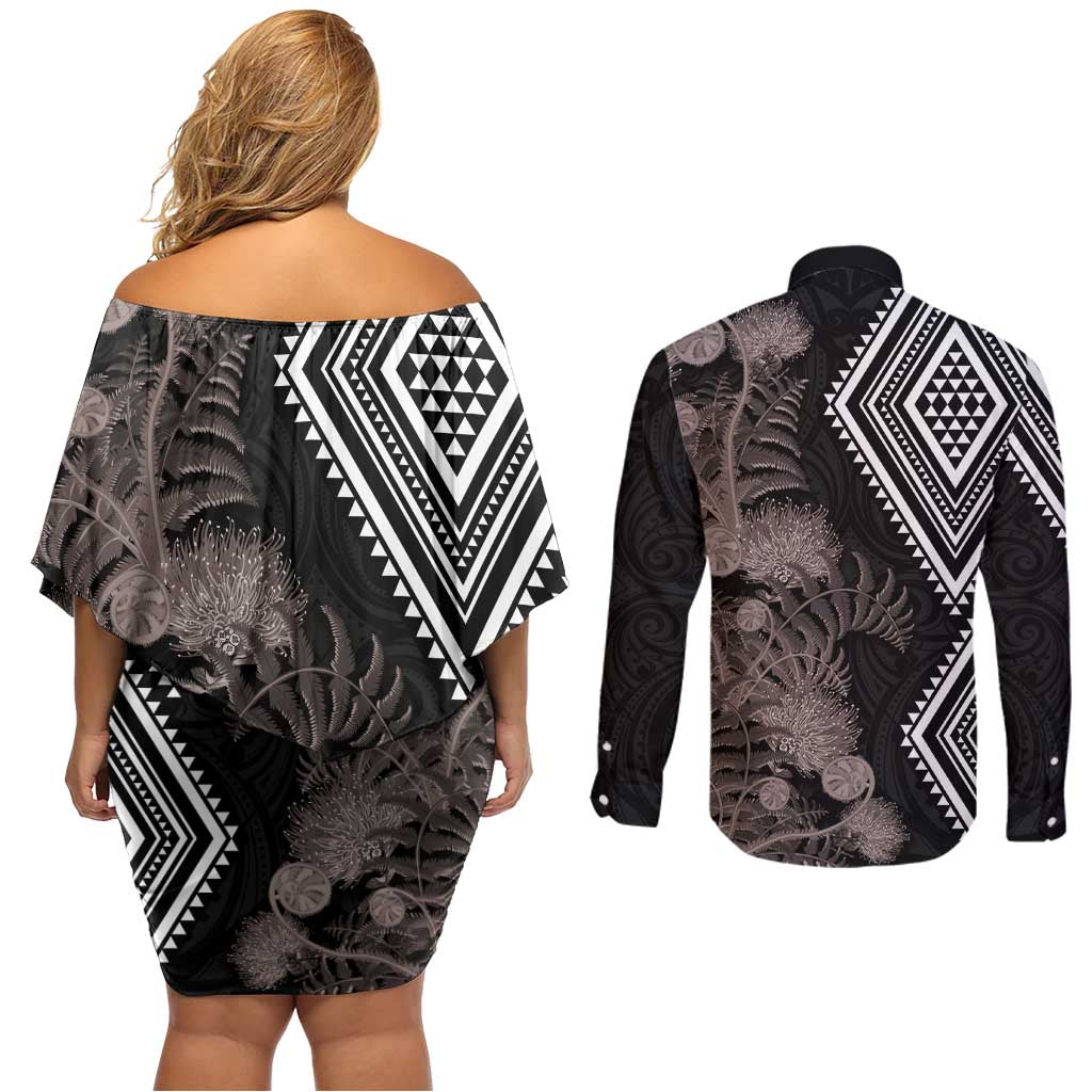 Aotearoa Tukutuku Motif Couples Matching Off Shoulder Short Dress and Long Sleeve Button Shirt Pohutukawa and Fern Leaves Grayscale Color LT03 - Polynesian Pride