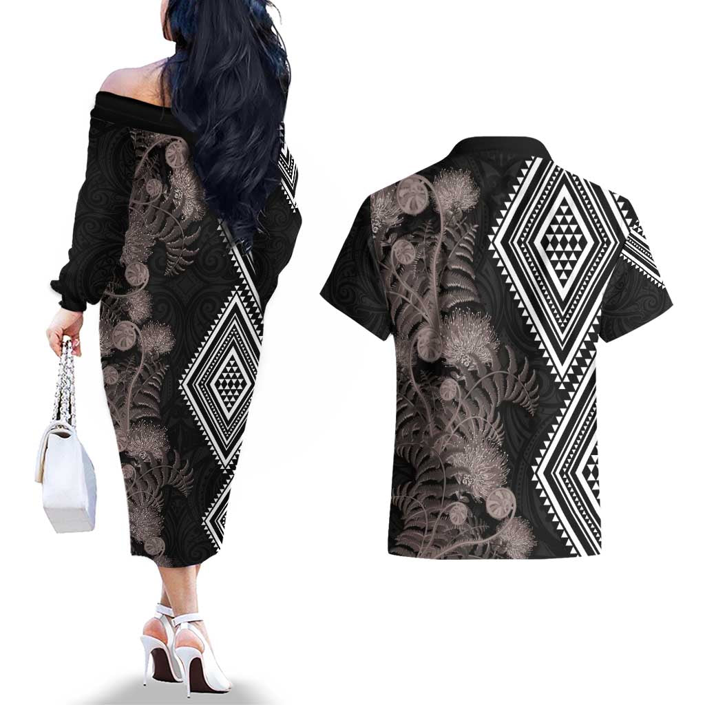 Aotearoa Tukutuku Motif Couples Matching Off The Shoulder Long Sleeve Dress and Hawaiian Shirt Pohutukawa and Fern Leaves Grayscale Color