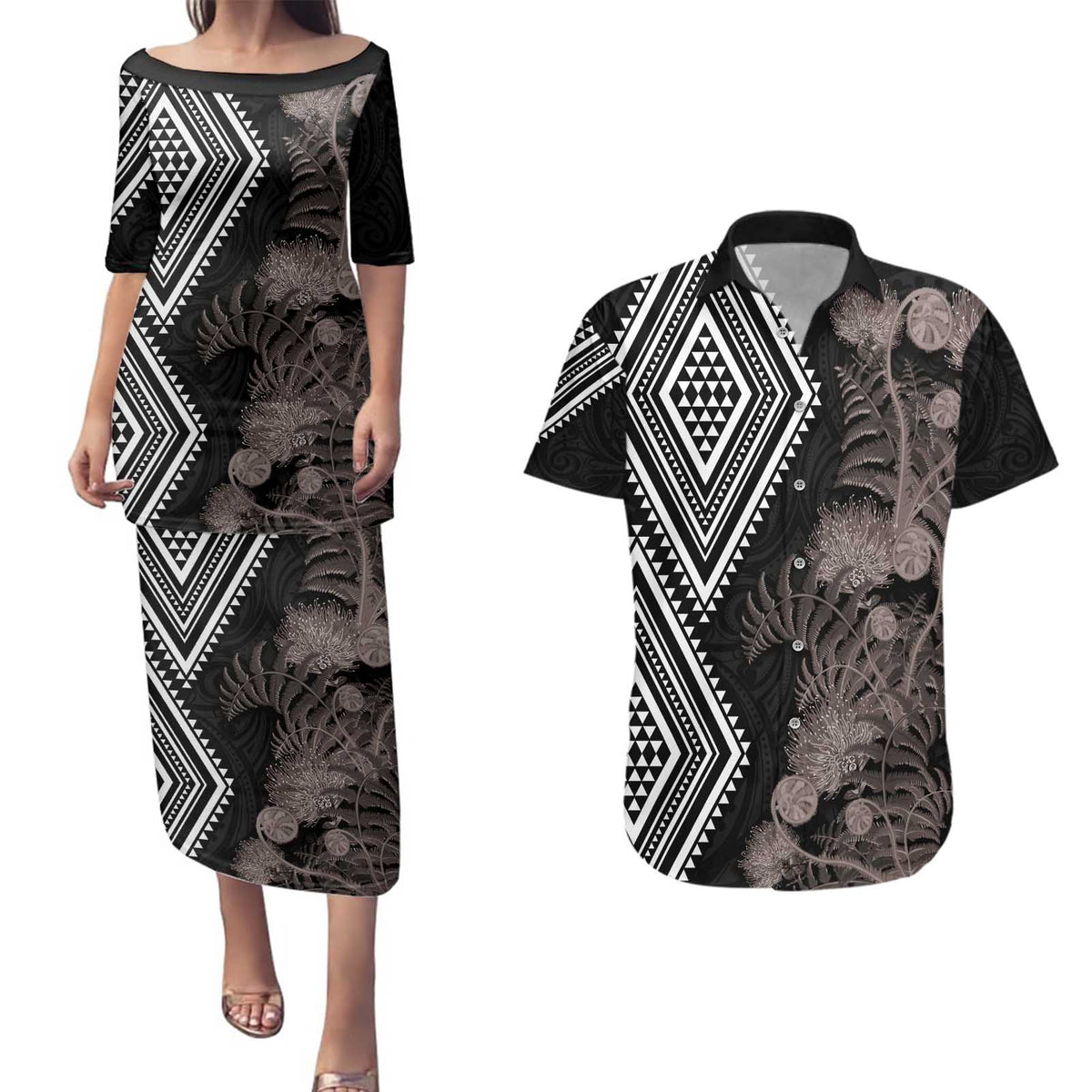 Aotearoa Tukutuku Motif Couples Matching Puletasi and Hawaiian Shirt Pohutukawa and Fern Leaves Grayscale Color